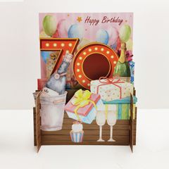70 jaar- 3d pop-up kaart miniature greetings - happy birthday - champagne en cadeautjes 