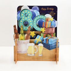 80 jaar - 3d pop-up kaart miniature greetings - happy birthday - bier en cadeautjes