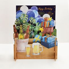 3d pop-up kaart miniature greetings - happy birthday - bier en cadeautjes