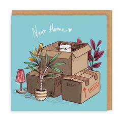 wenskaart ohh deer - new home - kat in verhuisdozen
