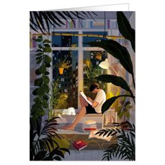 wenskaart quire - zittend op vensterbank met hond, planten en boeken