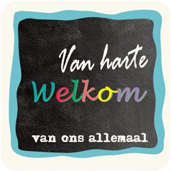 vierkante ansichtkaart met envelop - van harte welkom van ons allemaal | mullerwenskaarten