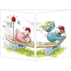 uitklapbare geboortekaart cache-cache - kippen met ei op skateboard