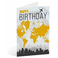 verjaardagskaart busquets - happy birthday - vliegtuigje en wereldkaart