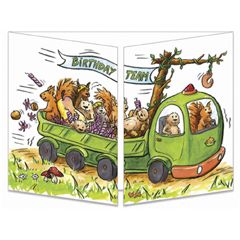 uitklapbare verjaardagskaart cache-cache - birthday team - eekhoorns en bevers