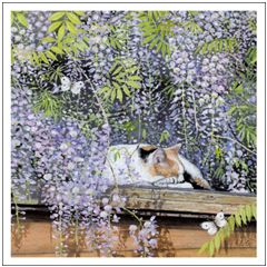 wenskaart woodmansterne - slapende kat bij bloemen