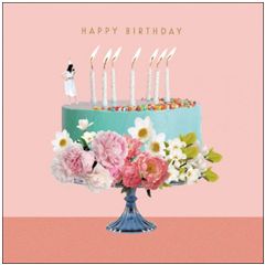 verjaardagskaart woodmansterne - woman on venus - happy birthday - taart met kaarsjes en bloemen
