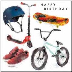 wenskaart woodmansterne - happy birthday - fiets, step, skatebord