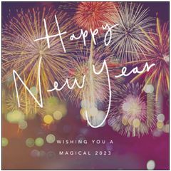 6 nieuwjaarskaarten woodmansterne - happy new year, wishing you a magical 2023 - vuurwerk