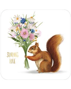 vierkante ansichtkaart met envelop - sending love - eekhoorn