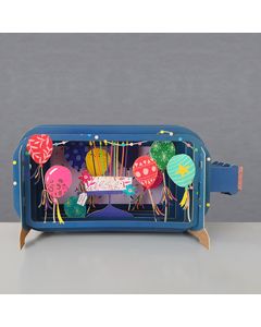 3D pop up wenskaart  - message in a bottle - happy birthday - taart en ballonnen | muller wenskaarten
