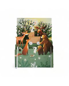 3d pop-up kaart miniature greetings - dieren kijken naar kinderwagen | muller wenskaarten